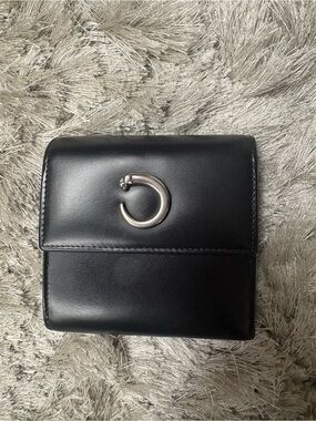 Authentic Cartier Black Leather Compact Wallet with Silver Accent